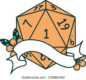 Retro Tattoo Style natural one d20 dice roll