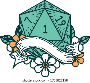 Retro Tattoo Style natural one d20 dice roll