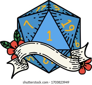 Retro Tattoo Style natural one d20 dice roll