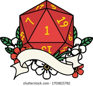 Retro Tattoo Style natural one d20 dice roll