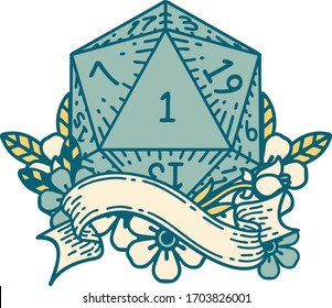 Retro Tattoo Style natural one d20 dice roll