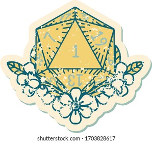Retro Tattoo Style natural one dice roll with floral elements