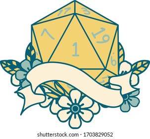 Retro Tattoo Style natural one d20 dice roll