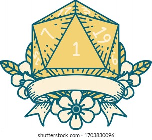 Retro Tattoo Style natural one d20 dice roll