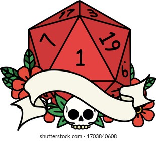 Retro Tattoo Style natural one d20 dice roll