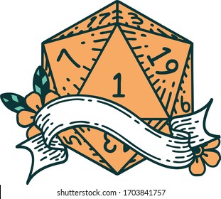 Retro Tattoo Style natural one d20 dice roll