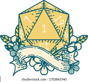 Retro Tattoo Style natural one d20 dice roll