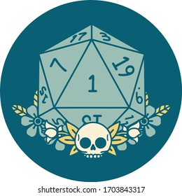 Retro Tattoo Style natural one dice roll with floral elements
