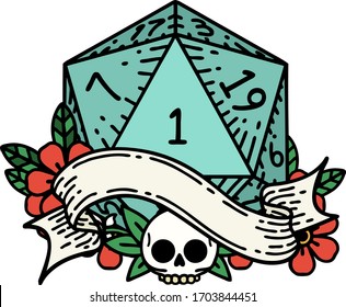 Retro Tattoo Style natural one d20 dice roll