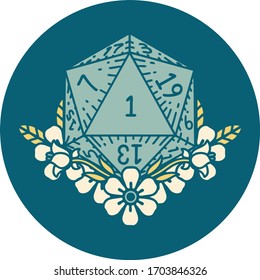 Retro Tattoo Style natural one dice roll with floral elements