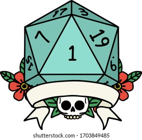Retro Tattoo Style natural one d20 dice roll
