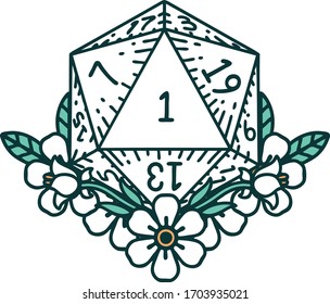 Retro Tattoo Style natural one dice roll with floral elements