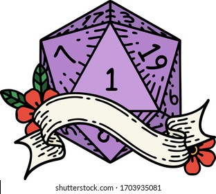 Retro Tattoo Style natural one d20 dice roll