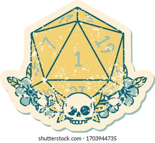 Retro Tattoo Style natural one dice roll with floral elements