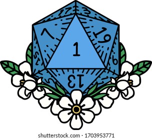 Retro Tattoo Style natural one dice roll with floral elements