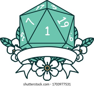 Retro Tattoo Style natural one d20 dice roll