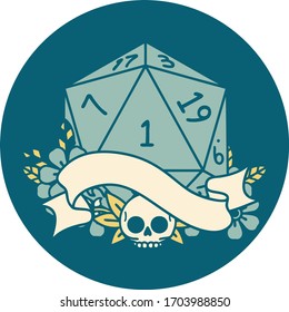 Retro Tattoo Style natural one d20 dice roll