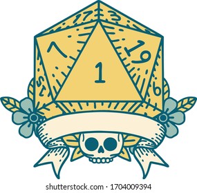 Retro Tattoo Style natural one d20 dice roll