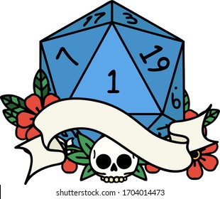 Retro Tattoo Style natural one d20 dice roll