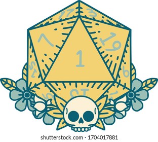 Retro Tattoo Style natural one dice roll with floral elements