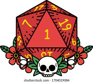 Retro Tattoo Style natural one dice roll with floral elements