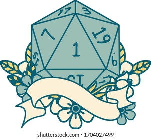 Retro Tattoo Style natural one d20 dice roll