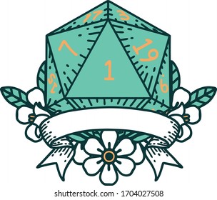 Retro Tattoo Style natural one d20 dice roll