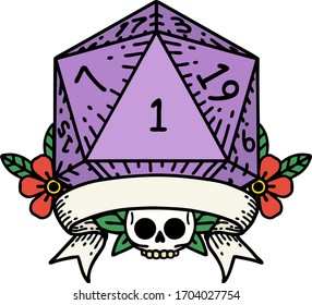Retro Tattoo Style natural one d20 dice roll