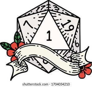 Retro Tattoo Style natural one d20 dice roll