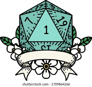 Retro Tattoo Style natural one d20 dice roll