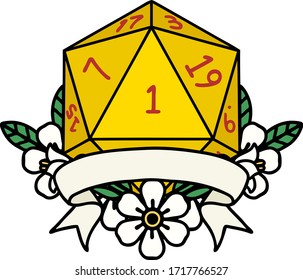 Retro Tattoo Style natural one d20 dice roll