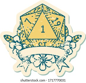 Retro Tattoo Style natural one d20 dice roll