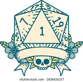 Retro Tattoo Style natural one d20 dice roll