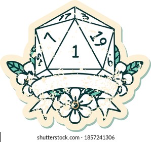 Retro Tattoo Style natural one d20 dice roll