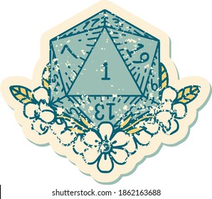 Retro Tattoo Style natural one dice roll with floral elements