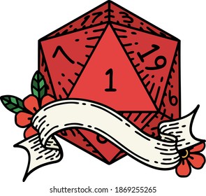Retro Tattoo Style natural one d20 dice roll