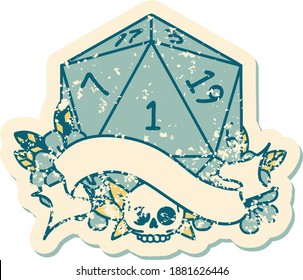 Retro Tattoo Style natural one d20 dice roll