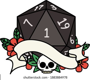 Retro Tattoo Style natural one d20 dice roll