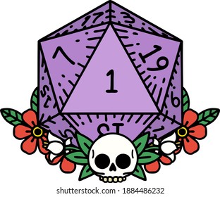 Retro Tattoo Style natural one dice roll with floral elements