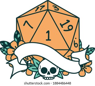 Retro Tattoo Style natural one d20 dice roll