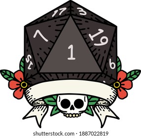 Retro Tattoo Style natural one d20 dice roll