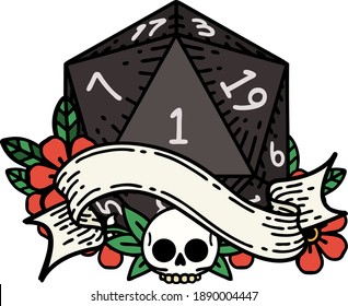 Retro Tattoo Style natural one d20 dice roll