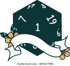 Retro Tattoo Style natural one d20 dice roll