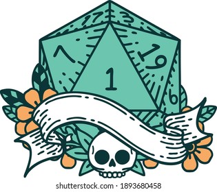 Retro Tattoo Style natural one d20 dice roll