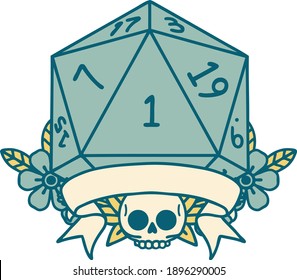 Retro Tattoo Style natural one d20 dice roll