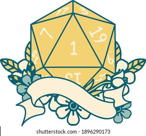 Retro Tattoo Style natural one d20 dice roll