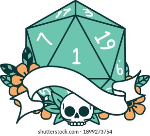 Retro Tattoo Style natural one d20 dice roll