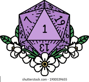 Retro Tattoo Style natural one dice roll with floral elements