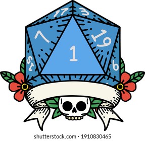 Retro Tattoo Style natural one d20 dice roll