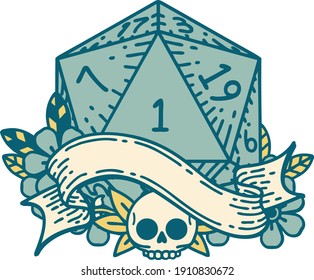 Retro Tattoo Style natural one d20 dice roll